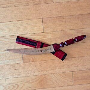 West African Tribal Dagger - Curved Steel Blade - Hand Tooled Leather Sheath